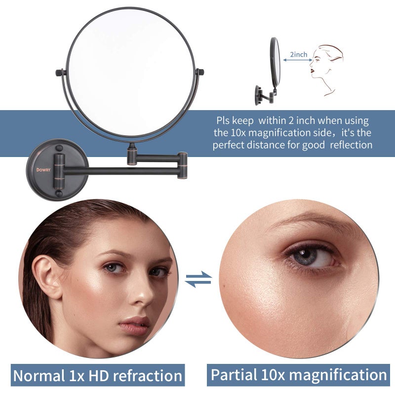 DOWRY Wall Mounted Magnifying Makeup Mirror with 10x Magnification, Oil Rubbed Bronze, 8 Inch Double-Sided Swivel Makeup Mirror Wall, 12 Inch Extension - Image 2